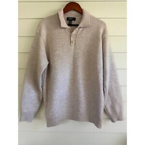 Heather Oatmeal Wool Blend Collared Pullover Sweater XL Coastal Minimalist Knit